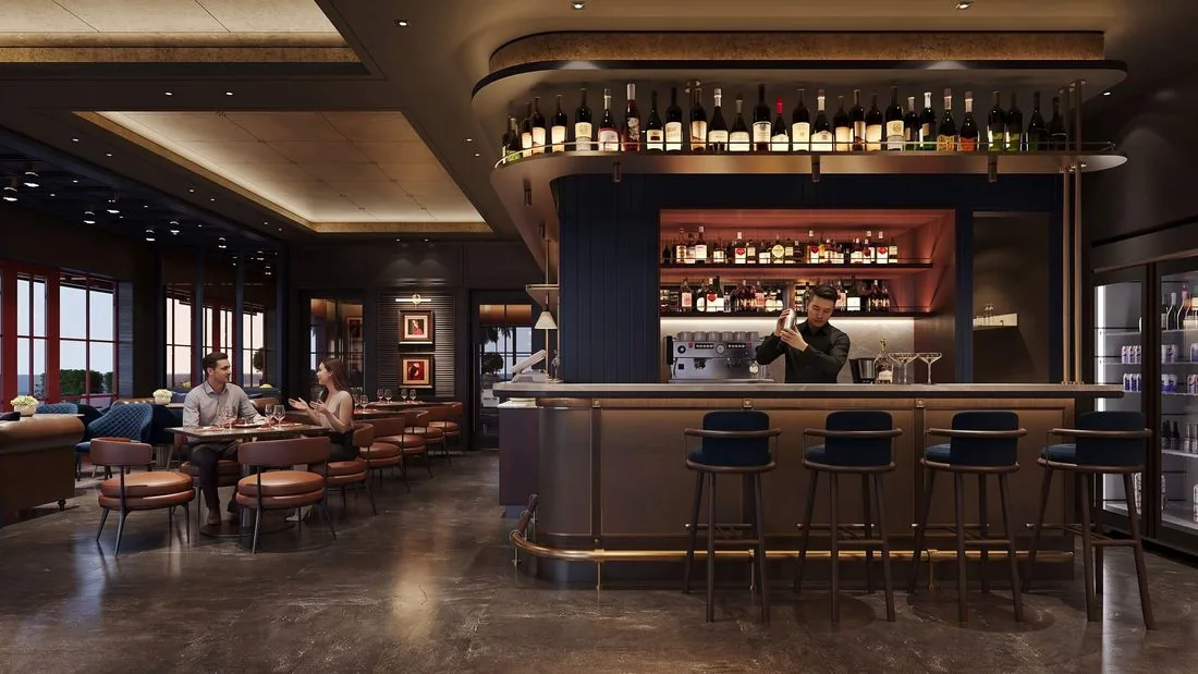 Quầy bar với ghế cao và kệ rượu